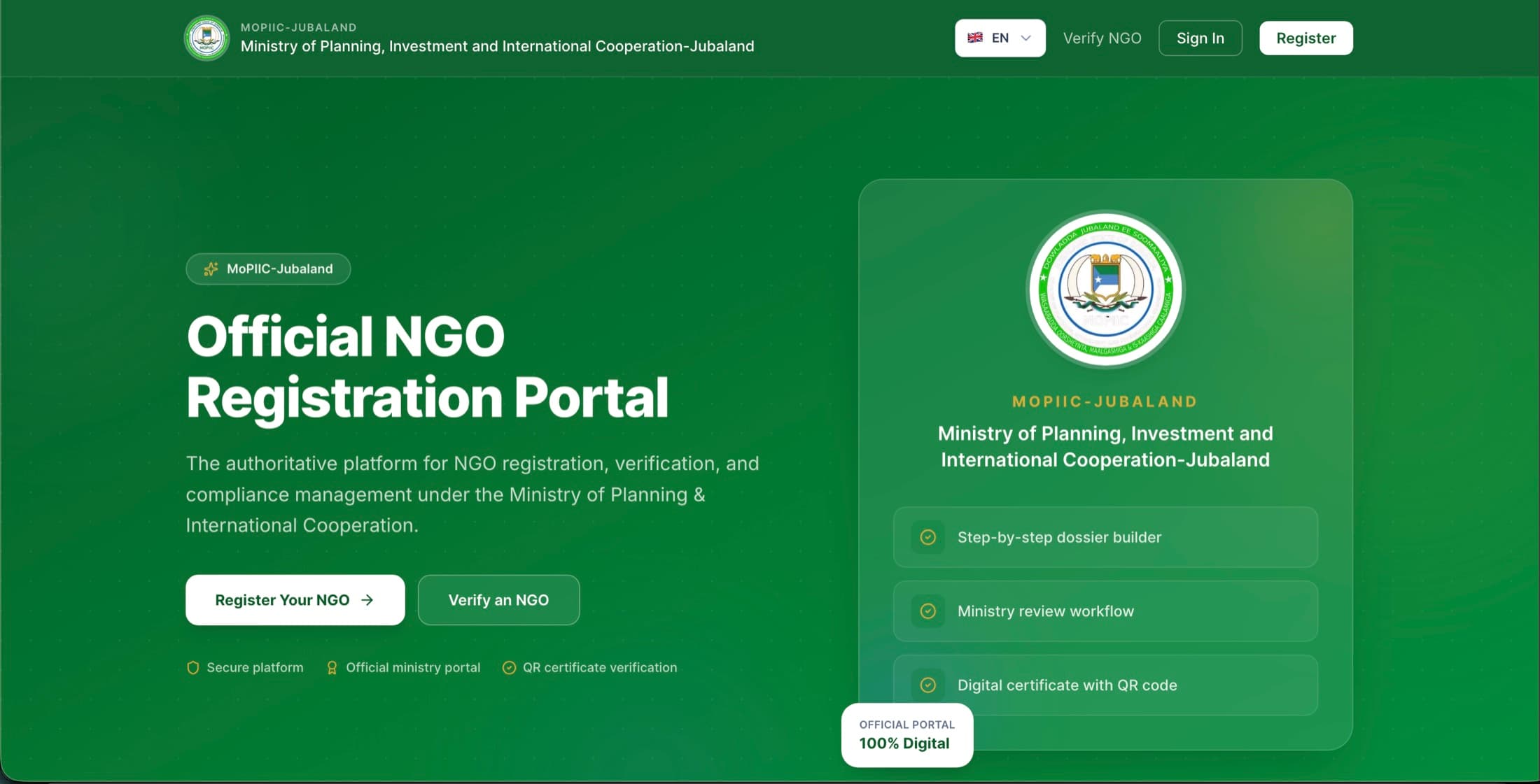 Ministry of Planning, Investment and International Cooperation — Jubaland — NGO Registration Portal